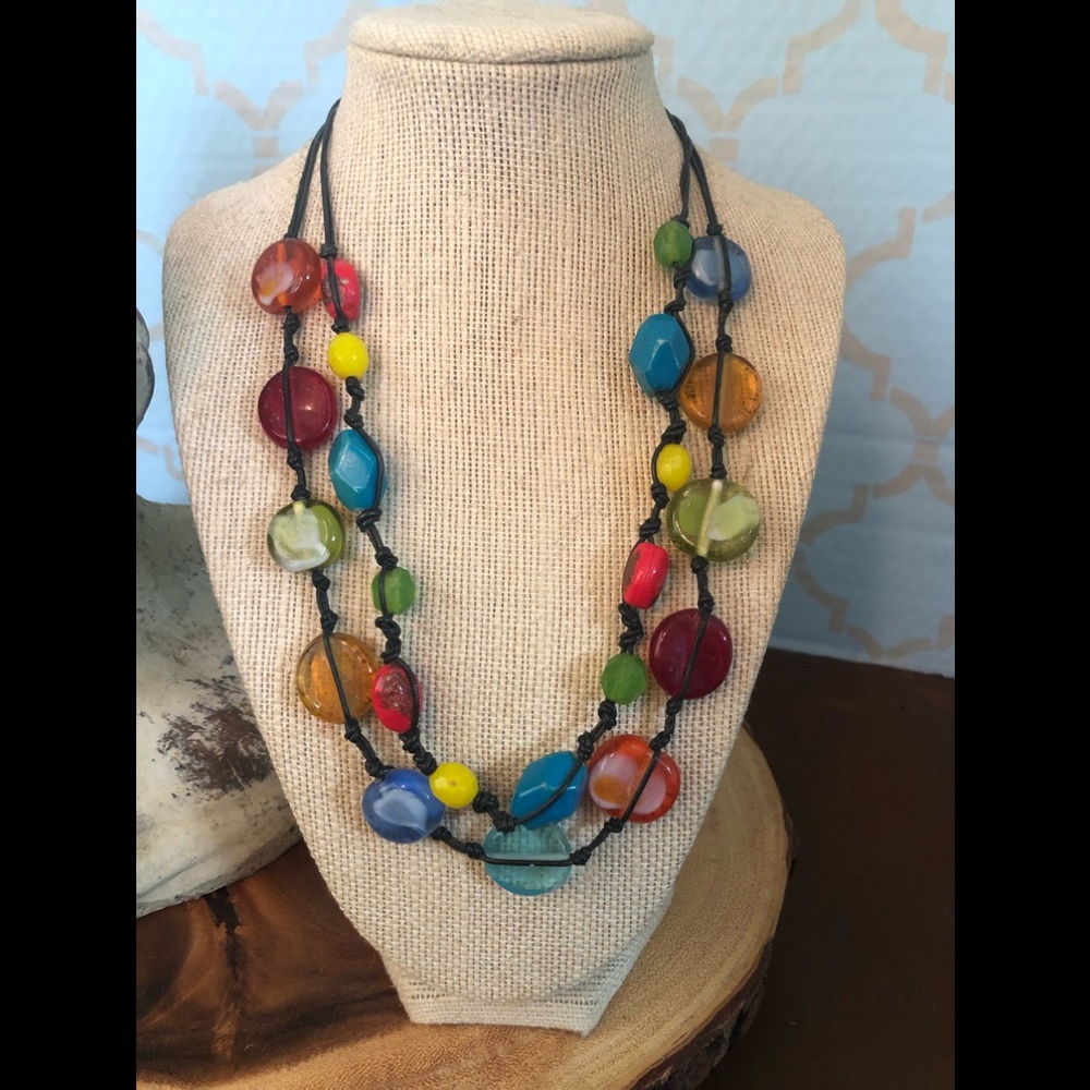 Chico’s Translucent and Faceted Colorful Beads on Black Leather ~ AWESOME